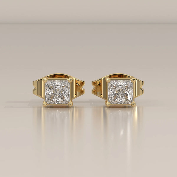 Front View: Princess Diamond Stud Earrings with Prong Setting in Yellow Gold – Lab Grown – Driona Jewels