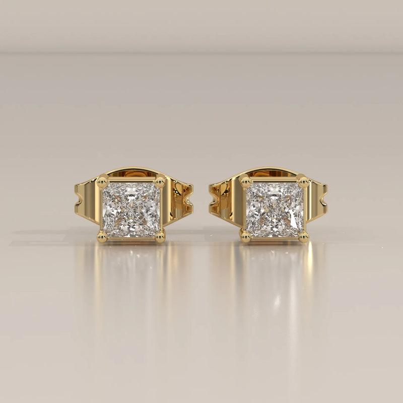 Front View: Princess Diamond Stud Earrings with Prong Setting in Yellow Gold – Lab Grown – Driona Jewels