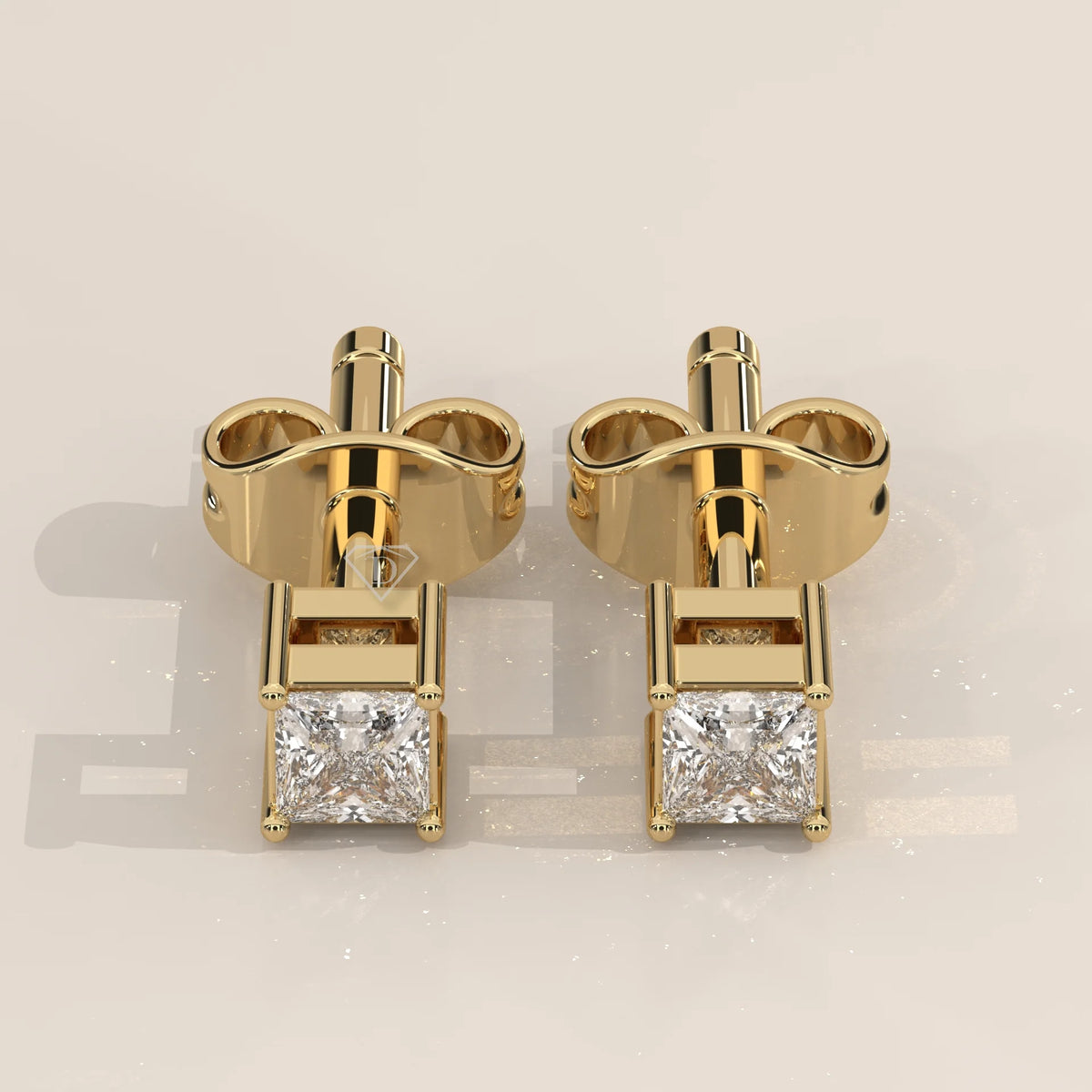 Pair Front View: Princess Diamond Stud Earrings with Prong Setting in Yellow Gold – Lab Grown – Driona Jewels