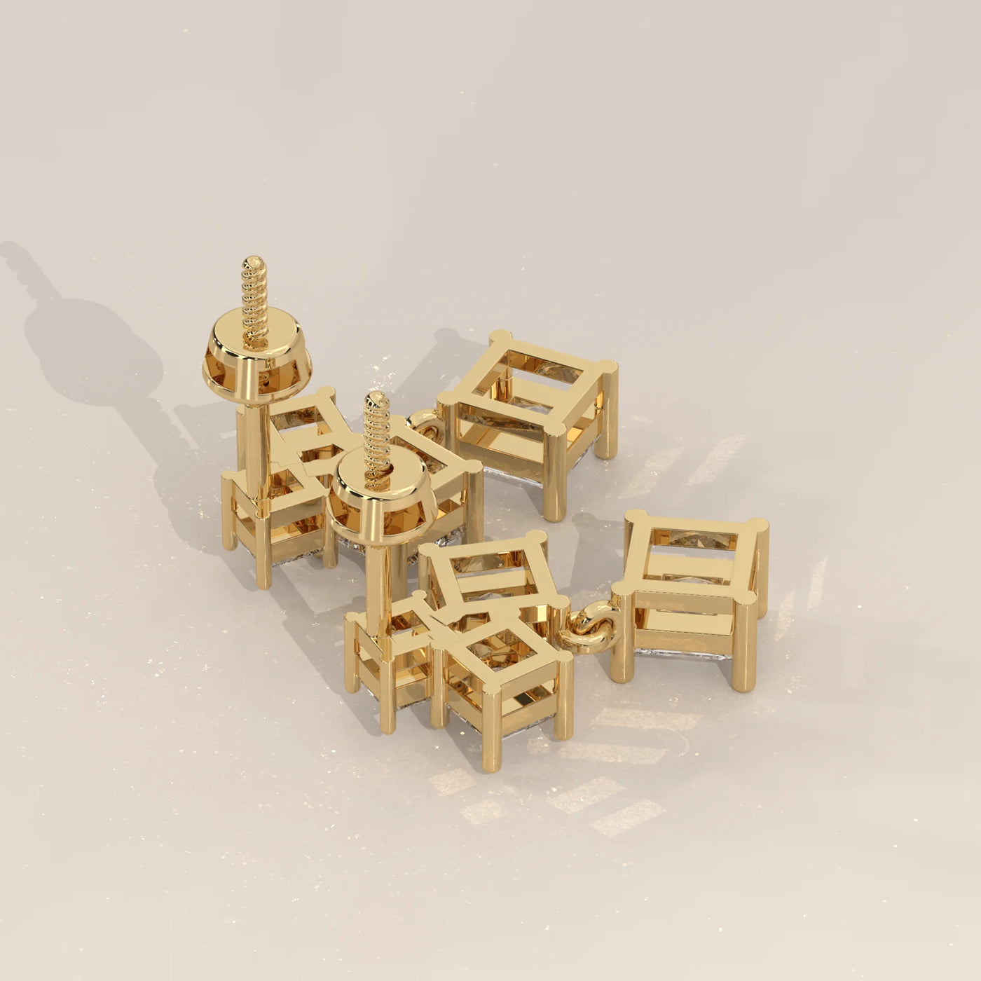 Angle View: Princess Diamond Drop Earrings with Prong Setting in Yellow Gold – Lab Grown – Driona Jewels