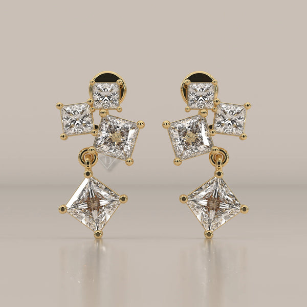 Front View: Princess Diamond Drop Earrings with Prong Setting in Yellow Gold – Lab Grown – Driona Jewels