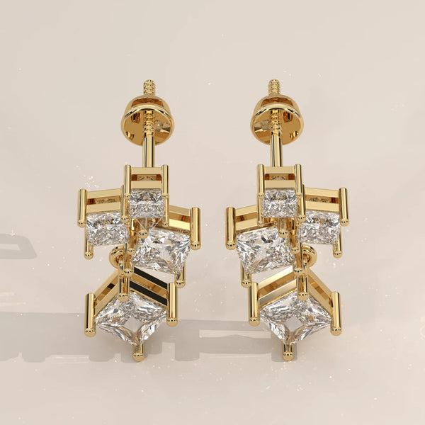 Pair Front View: Princess Diamond Drop Earrings with Prong Setting in Yellow Gold – Lab Grown – Driona Jewels