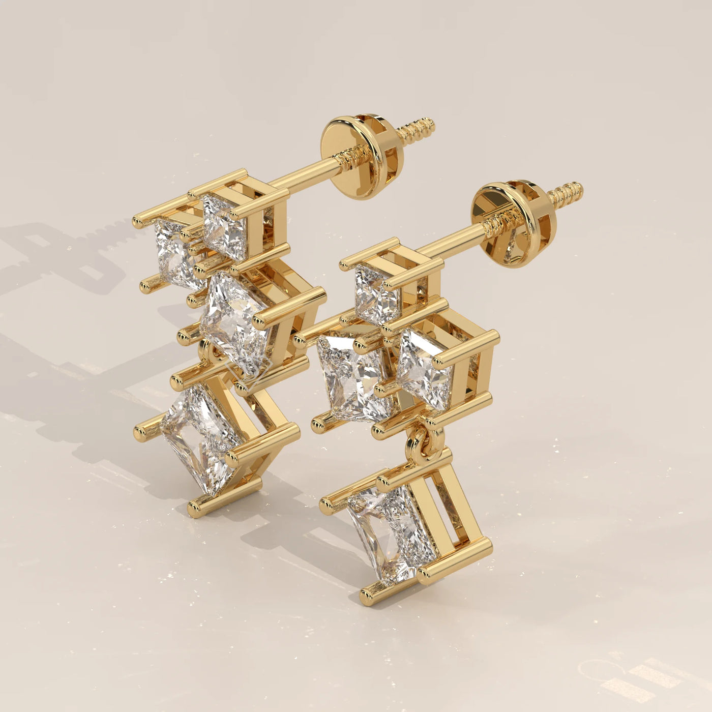 Three-Quarter View: Princess Diamond Drop Earrings with Prong Setting in Yellow Gold – Lab Grown – Driona Jewels