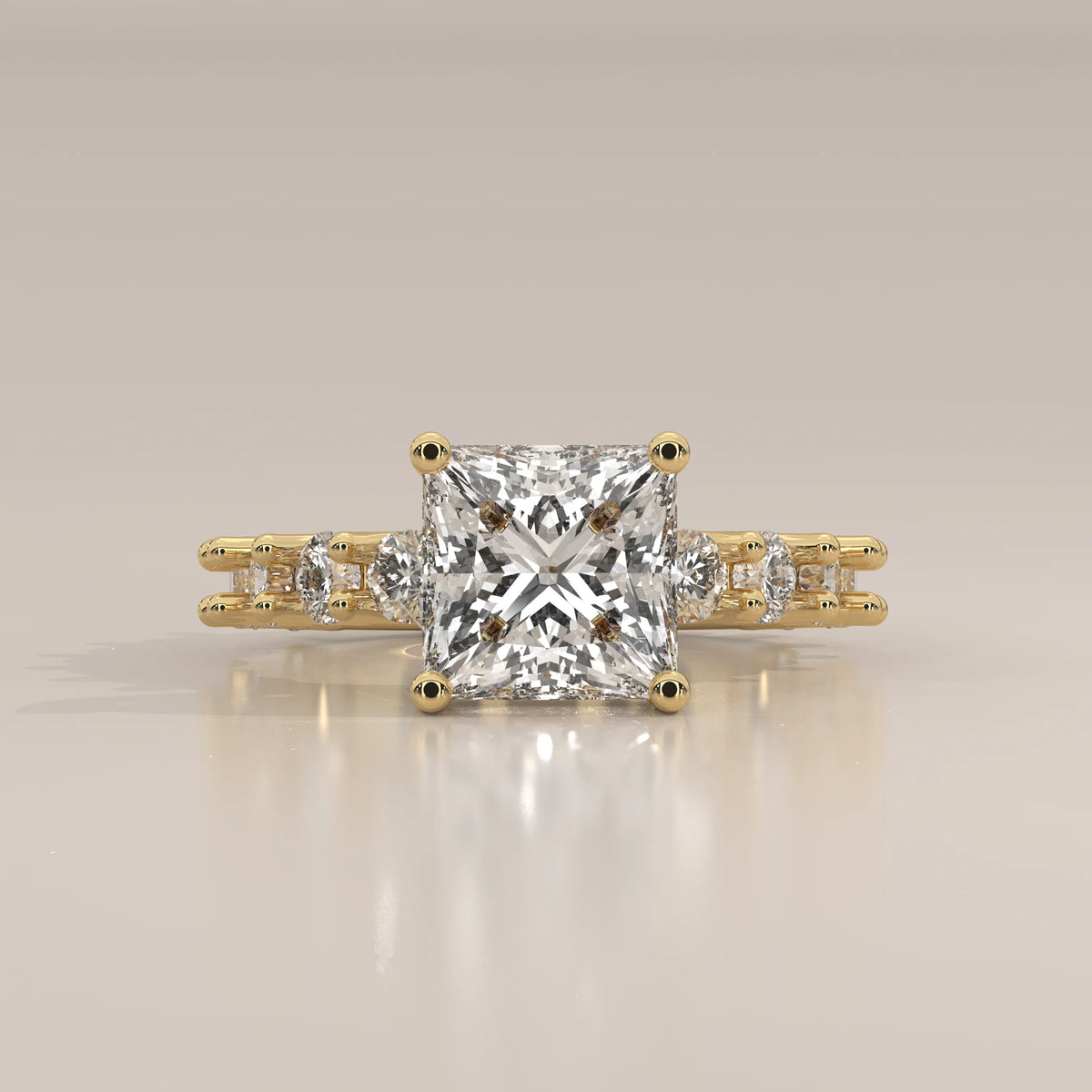 Princess Lab Grown Diamond Ring with Raised Claw Set Round Band in yellow gold, shown from the front.