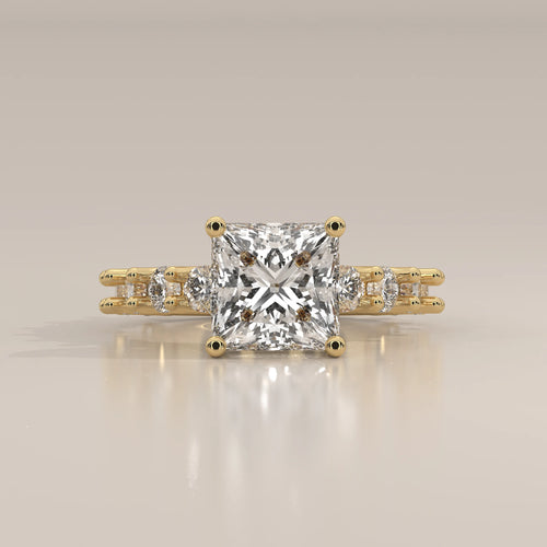 Princess Lab Grown Diamond Ring with Raised Claw Set Round Band in yellow gold, shown from the front.
