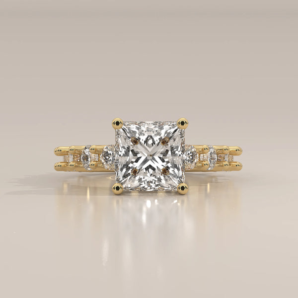 Princess Lab Grown Diamond Ring with Raised Claw Set Round Band in yellow gold, shown from the front.