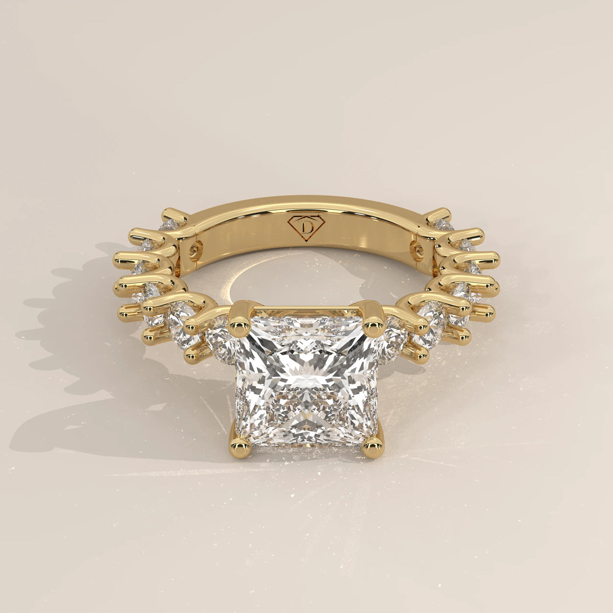 Princess Lab Grown Diamond Ring with Raised Claw Set Round Band in yellow gold, photographed head-on.