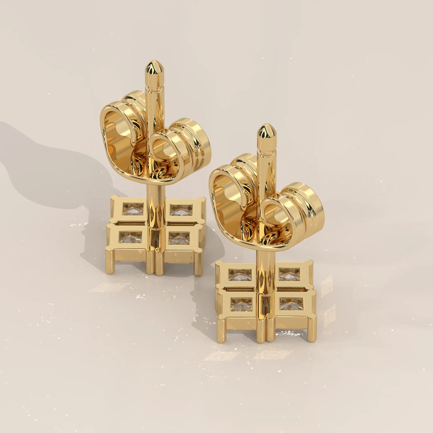 Angle View: Princess Diamond Stud Earrings with Cluster Setting in Yellow Gold – Lab Grown – Driona Jewels