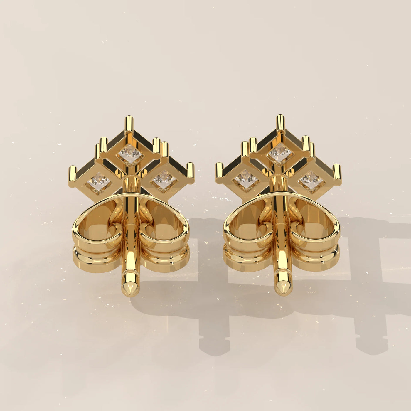 Back View: Princess Diamond Stud Earrings with Cluster Setting in Yellow Gold – Lab Grown – Driona Jewels