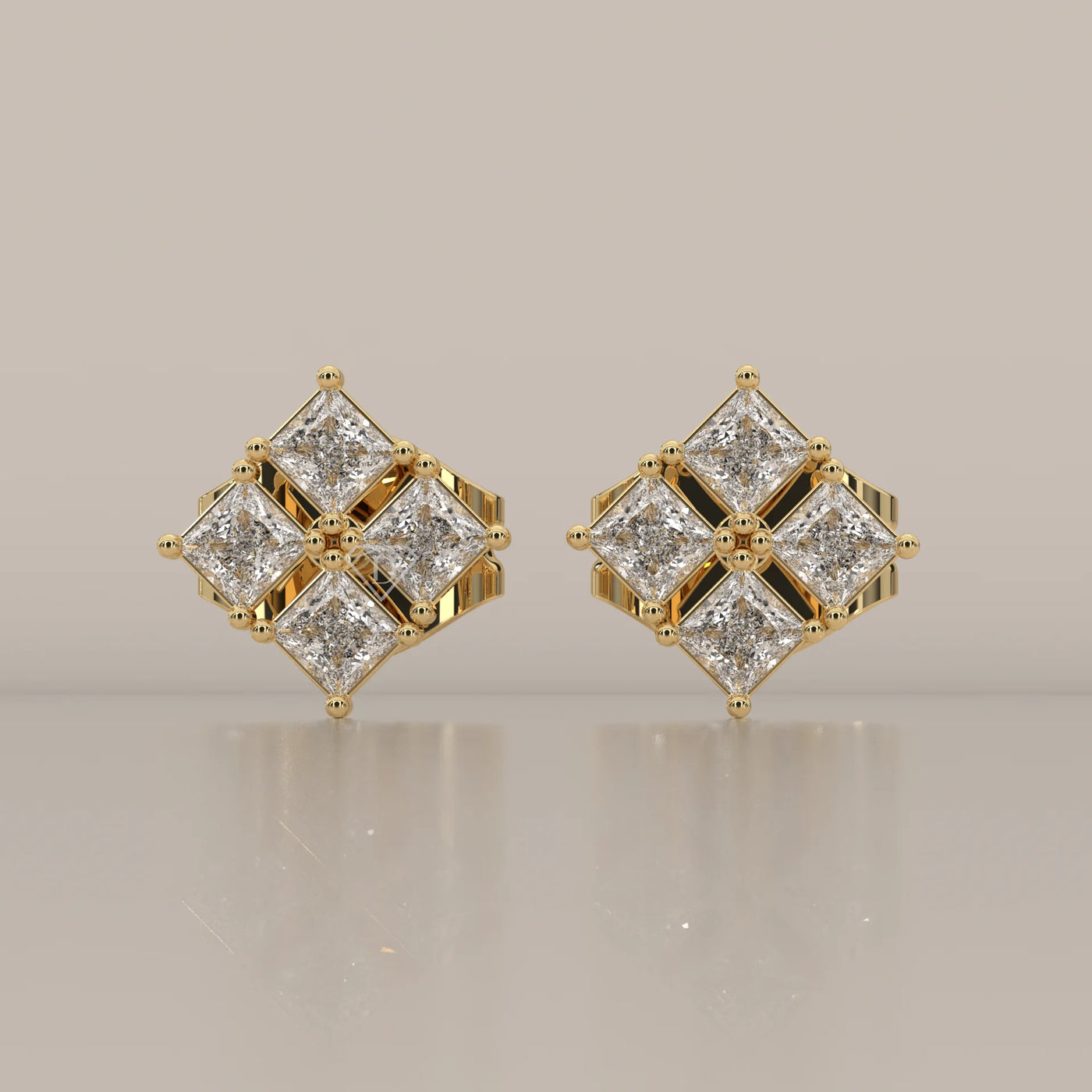 Front View: Princess Diamond Stud Earrings with Cluster Setting in Yellow Gold – Lab Grown – Driona Jewels
