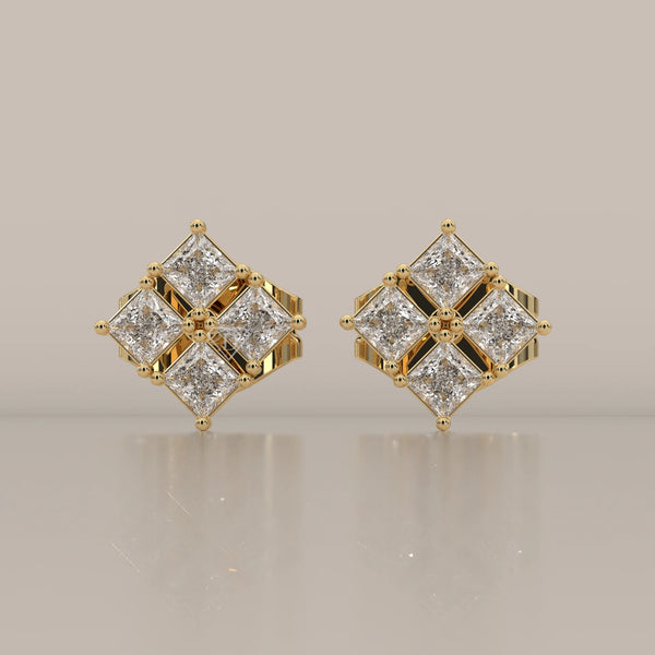 Front View: Princess Diamond Stud Earrings with Cluster Setting in Yellow Gold – Lab Grown – Driona Jewels