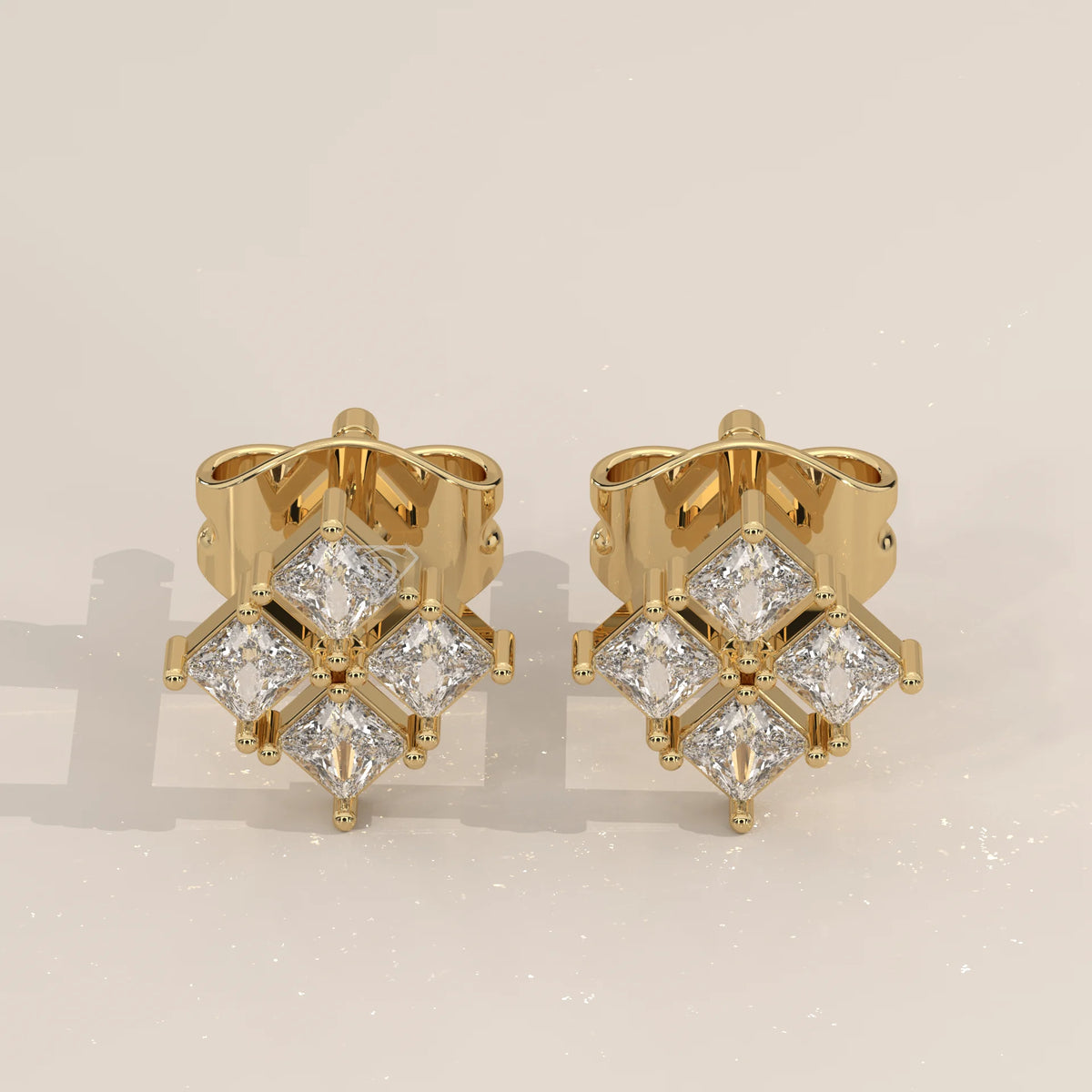 Pair Front View: Princess Diamond Stud Earrings with Cluster Setting in Yellow Gold – Lab Grown – Driona Jewels