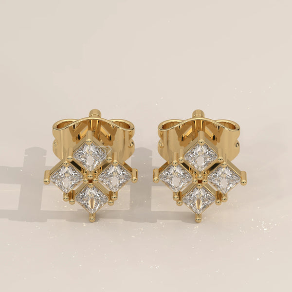 Pair Front View: Princess Diamond Stud Earrings with Cluster Setting in Yellow Gold – Lab Grown – Driona Jewels