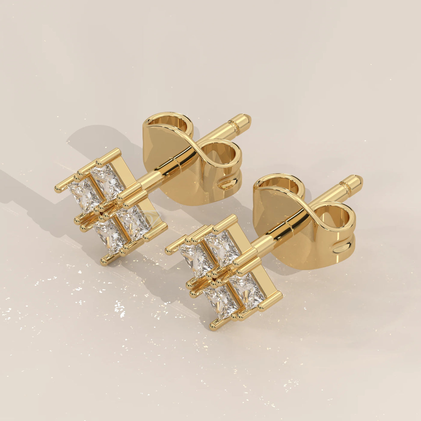 Three-Quarter View: Princess Diamond Stud Earrings with Cluster Setting in Yellow Gold – Lab Grown – Driona Jewels