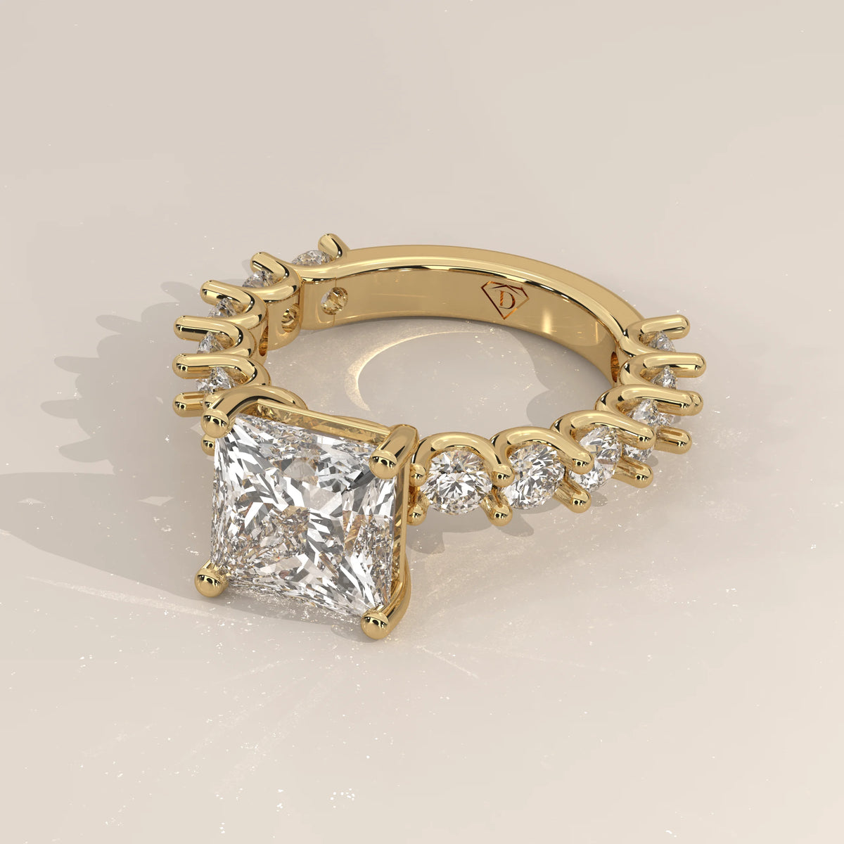 Princess Lab Grown Diamond Ring with Raised Claw Set Round Band in yellow gold, shown from the side.