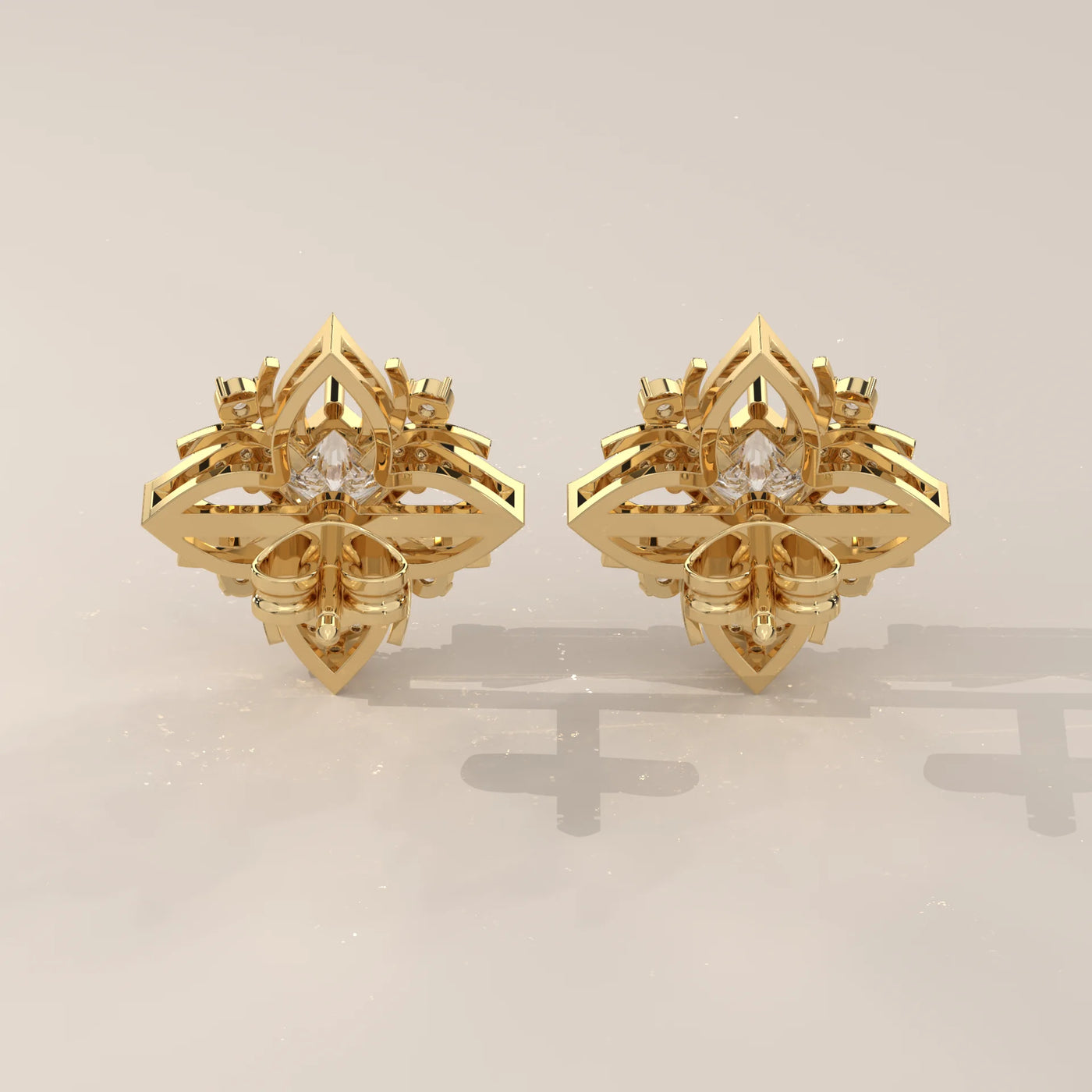 Back View: Princess Diamond Stud Earrings with Prong Setting in Yellow Gold – Lab Grown – Driona Jewels