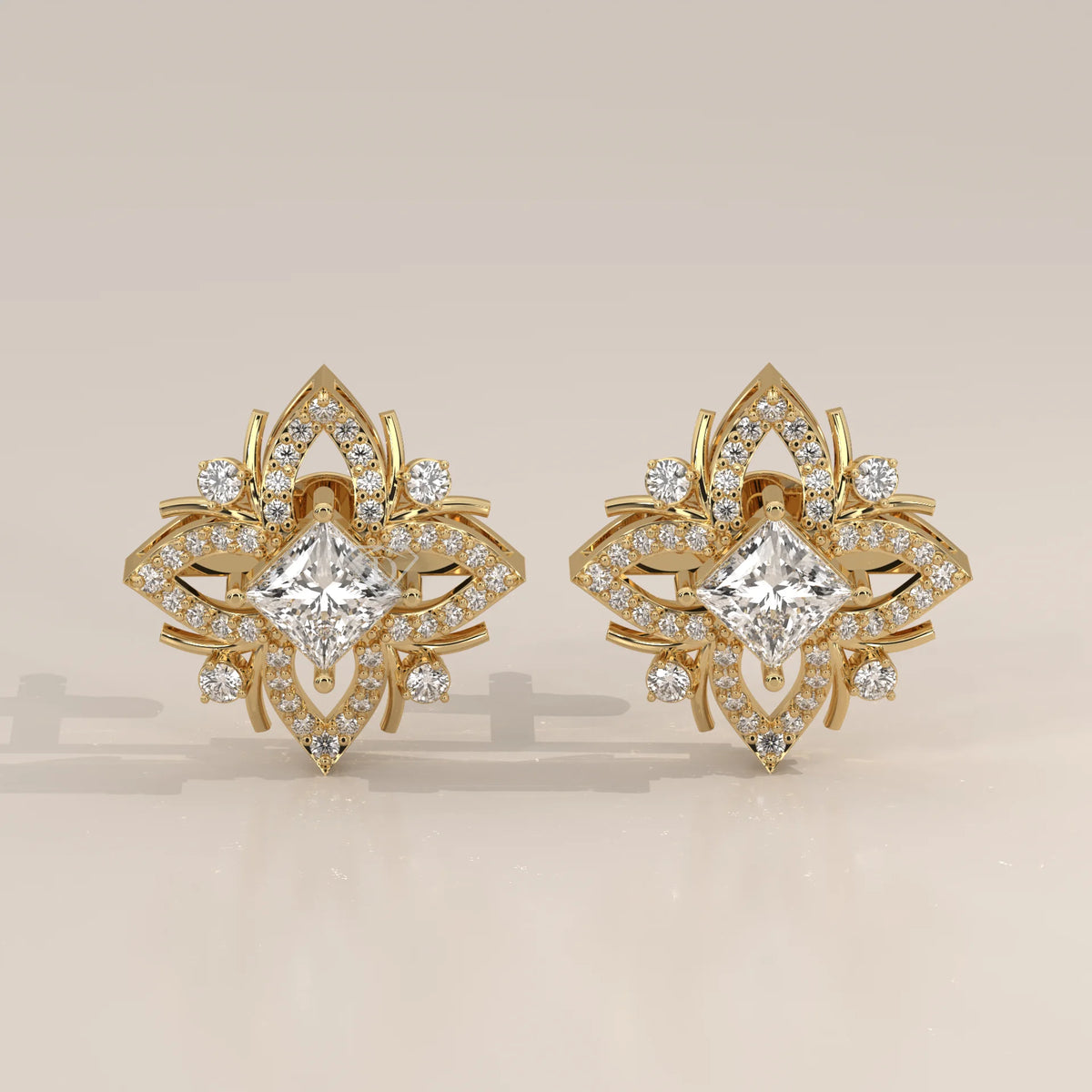 Front View: Princess Diamond Stud Earrings with Prong Setting in Yellow Gold – Lab Grown – Driona Jewels