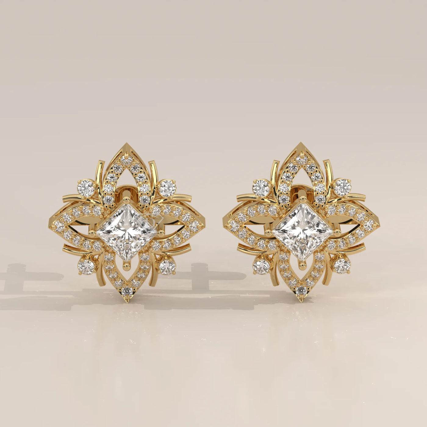 Front View: Princess Diamond Stud Earrings with Prong Setting in Yellow Gold – Lab Grown – Driona Jewels