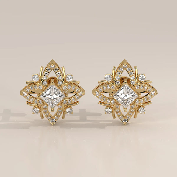 Front View: Princess Diamond Stud Earrings with Prong Setting in Yellow Gold – Lab Grown – Driona Jewels