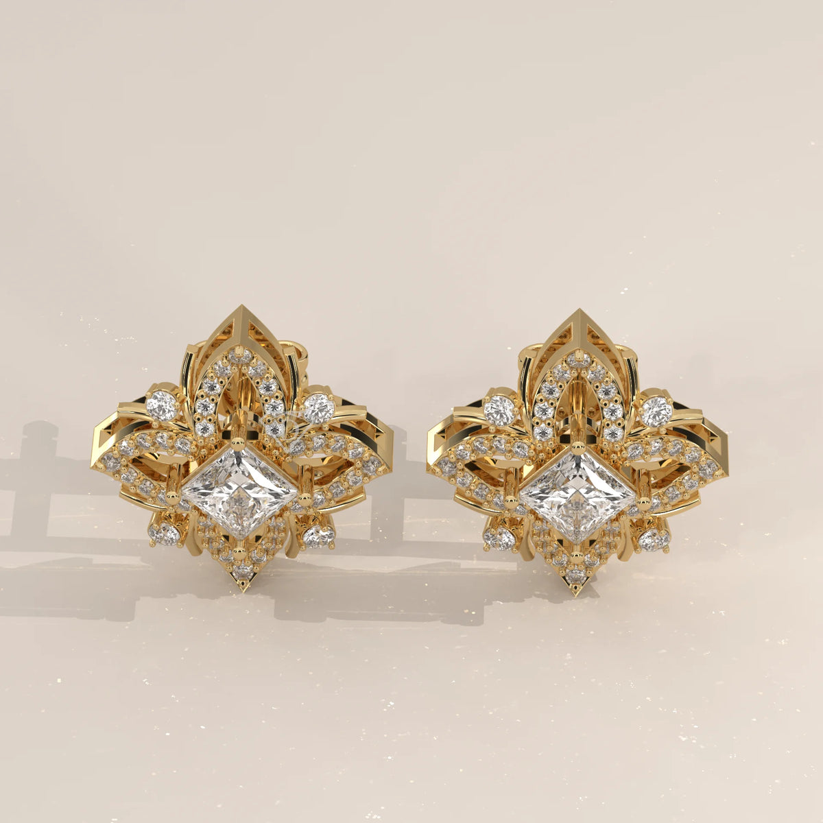 Pair Front View: Princess Diamond Stud Earrings with Prong Setting in Yellow Gold – Lab Grown – Driona Jewels