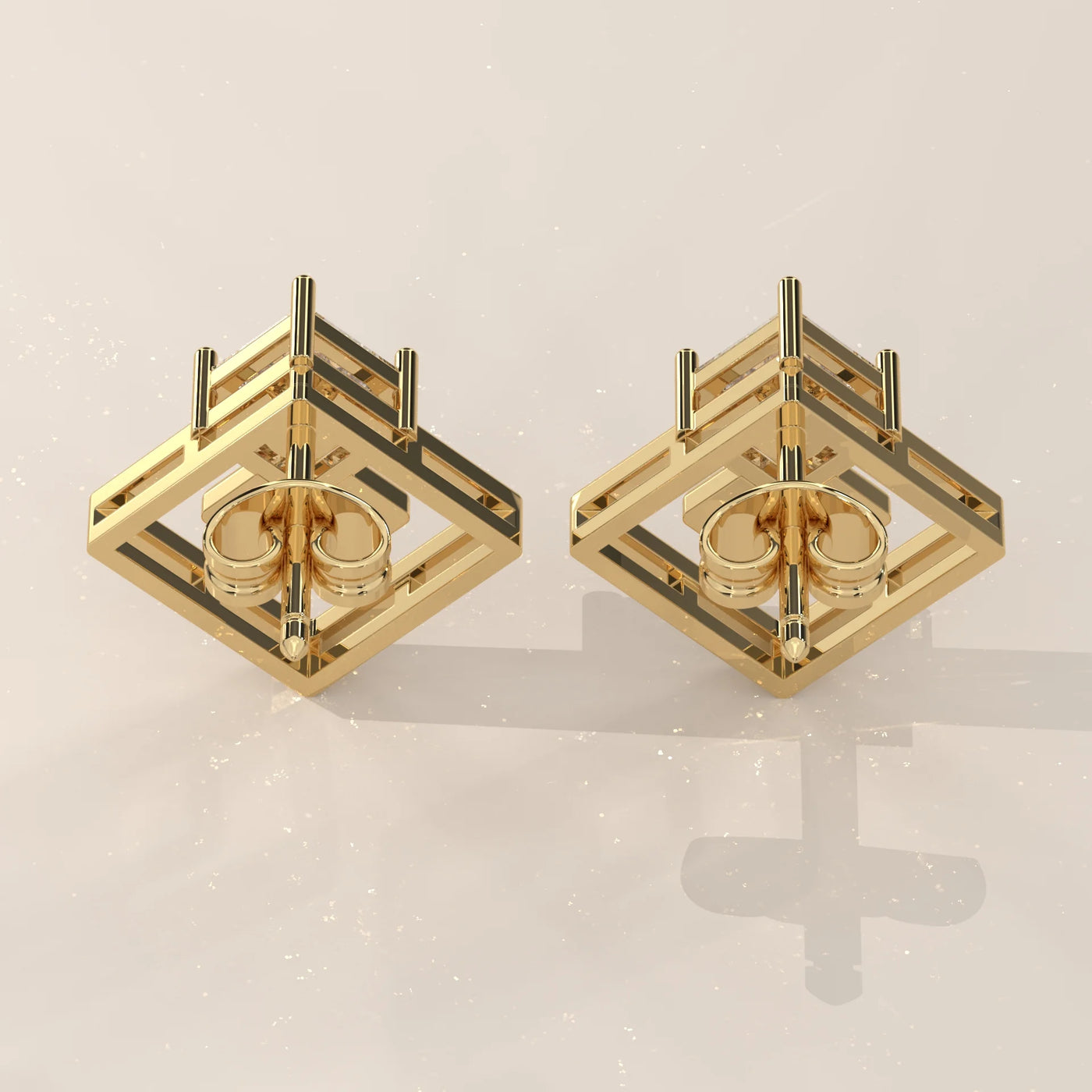 Back View: Princess Diamond Drop Earrings with Prong Setting in Yellow Gold – Lab Grown – Driona Jewels