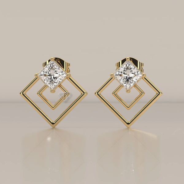 Front View: Princess Diamond Drop Earrings with Prong Setting in Yellow Gold – Lab Grown – Driona Jewels