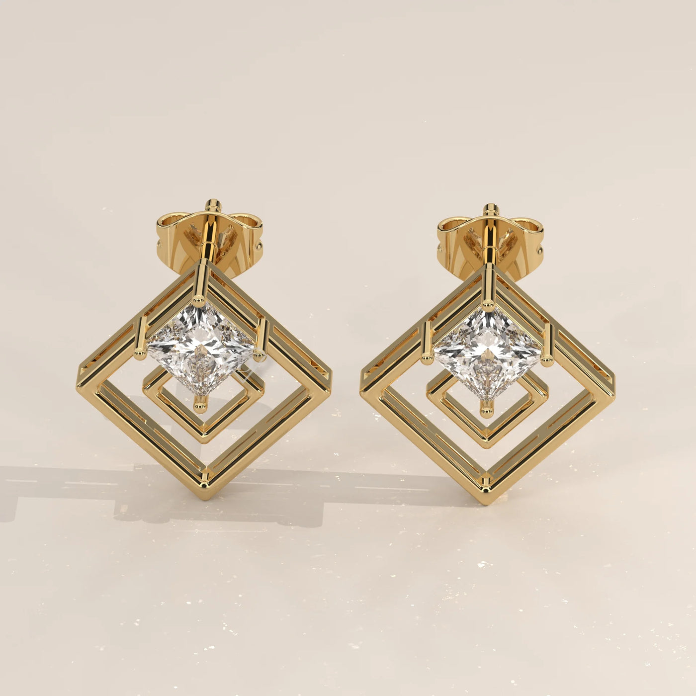 Pair Front View: Princess Diamond Drop Earrings with Prong Setting in Yellow Gold – Lab Grown – Driona Jewels
