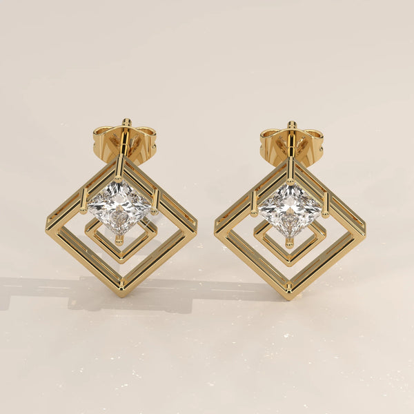 Pair Front View: Princess Diamond Drop Earrings with Prong Setting in Yellow Gold – Lab Grown – Driona Jewels