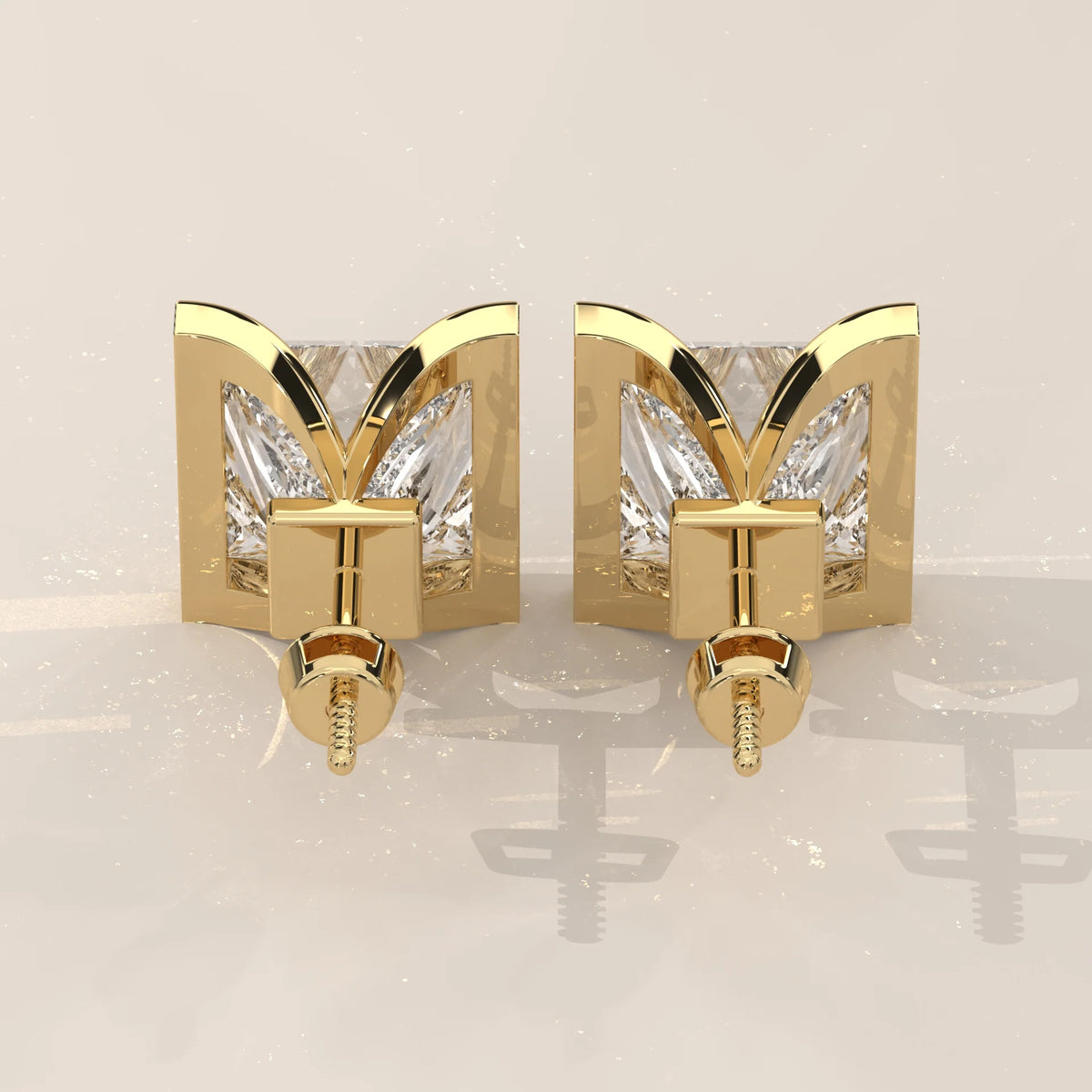Princess Cut Half Bezel Lab Grown Diamond Studs with Flared Sides in yellow gold, photographed head-on.