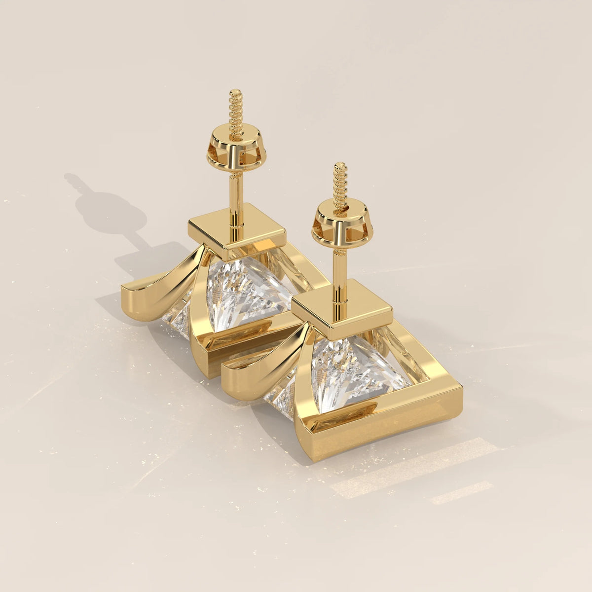 Princess Cut Half Bezel Lab Grown Diamond Studs with Flared Sides in yellow gold, shown on a plain background.