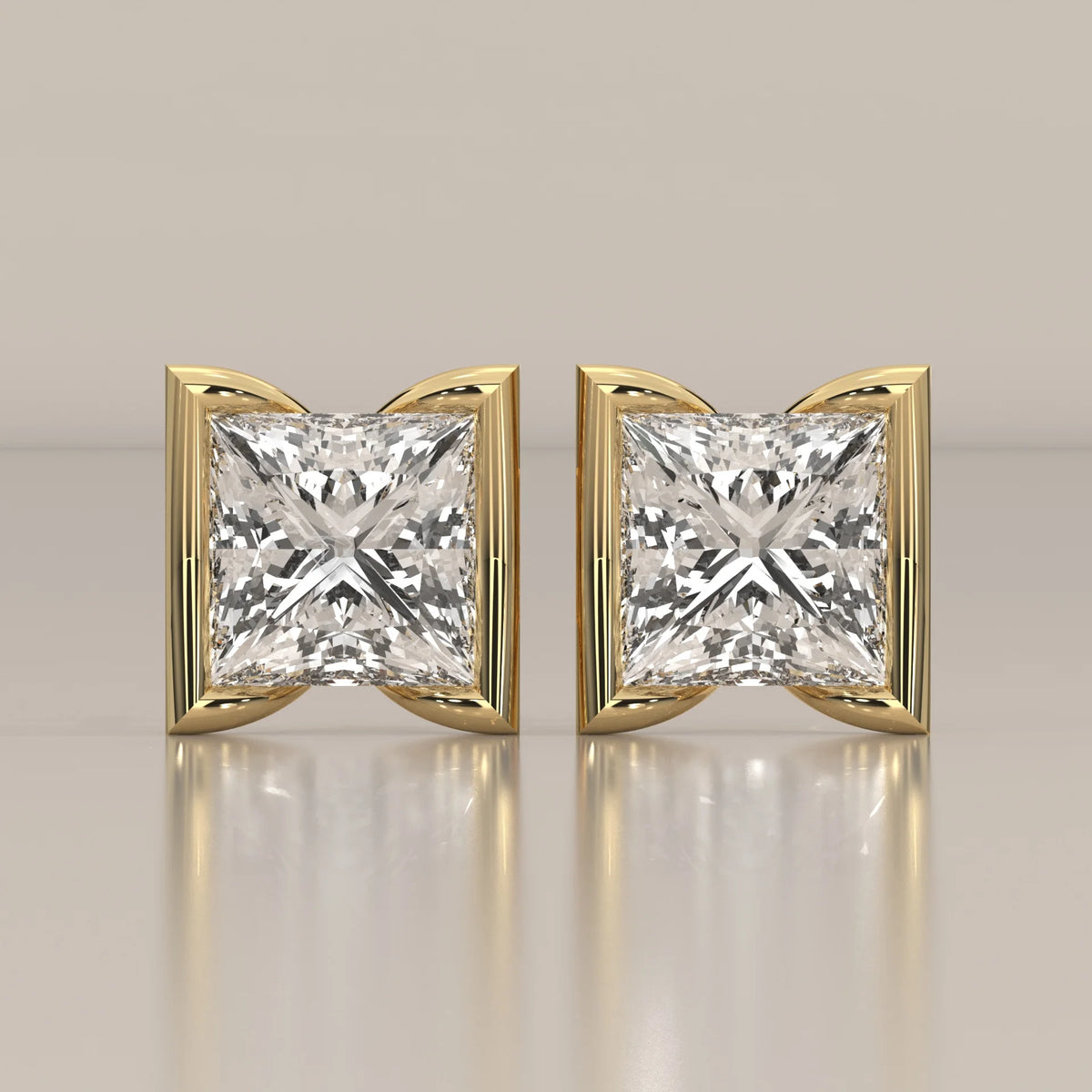 Princess Cut Half Bezel Lab Grown Diamond Studs with Flared Sides in yellow gold, shown from the front.