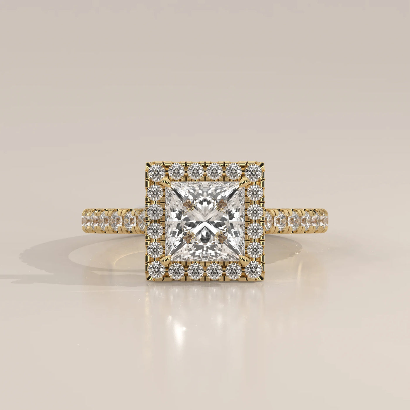 Side Profile: Princess Diamond Engagement Ring with Halo Setting in Yellow Gold – Lab Grown – Driona Jewels