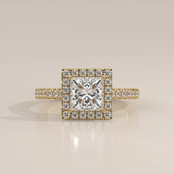 Side Profile: Princess Diamond Engagement Ring with Halo Setting in Yellow Gold – Lab Grown – Driona Jewels
