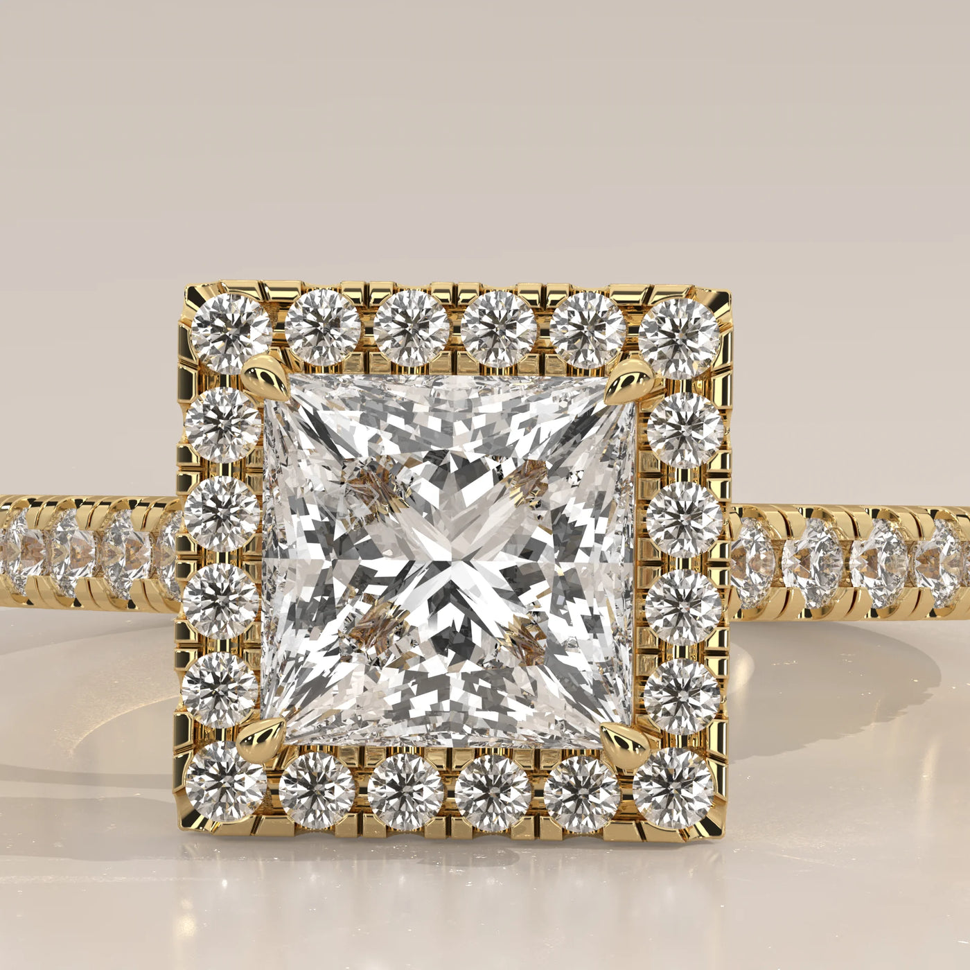 Stone Detail: Princess Lab Grown Diamonds in Halo Setting – Yellow Gold – Driona Jewels