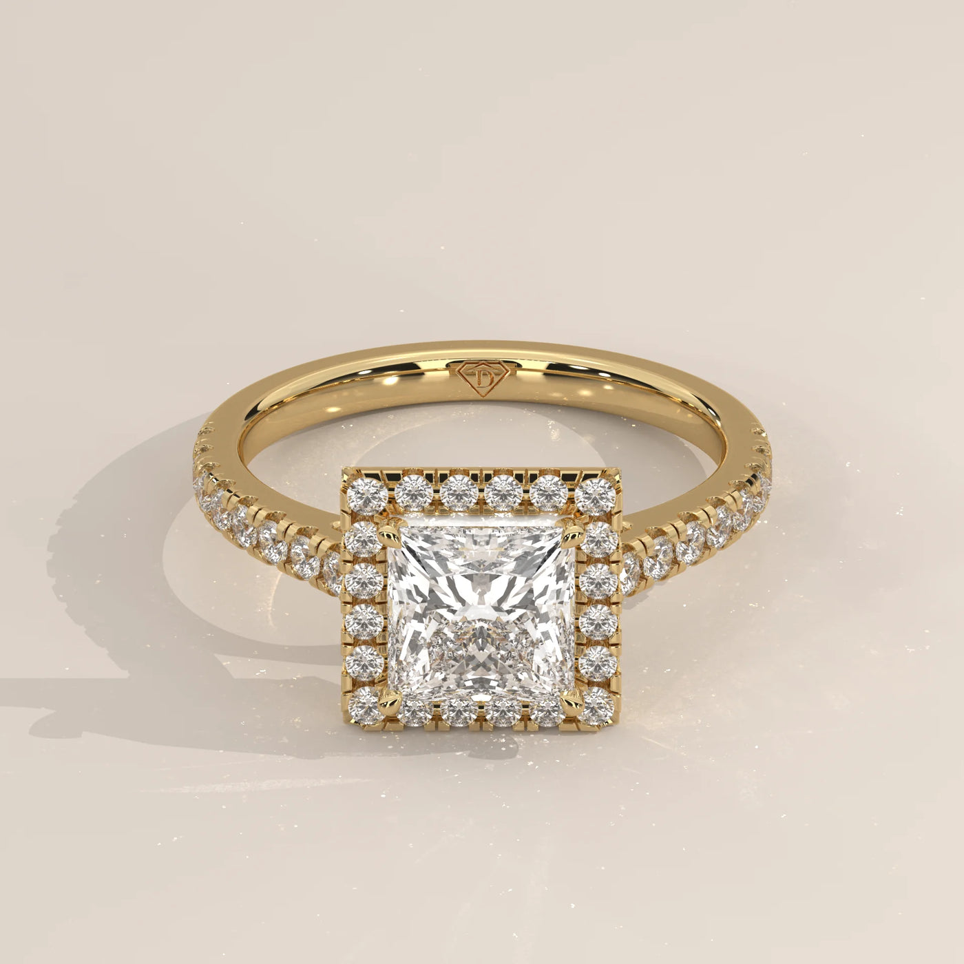 Three-Quarter View: Princess Diamond Engagement Ring with Halo Setting in Yellow Gold – Lab Grown – Driona Jewels