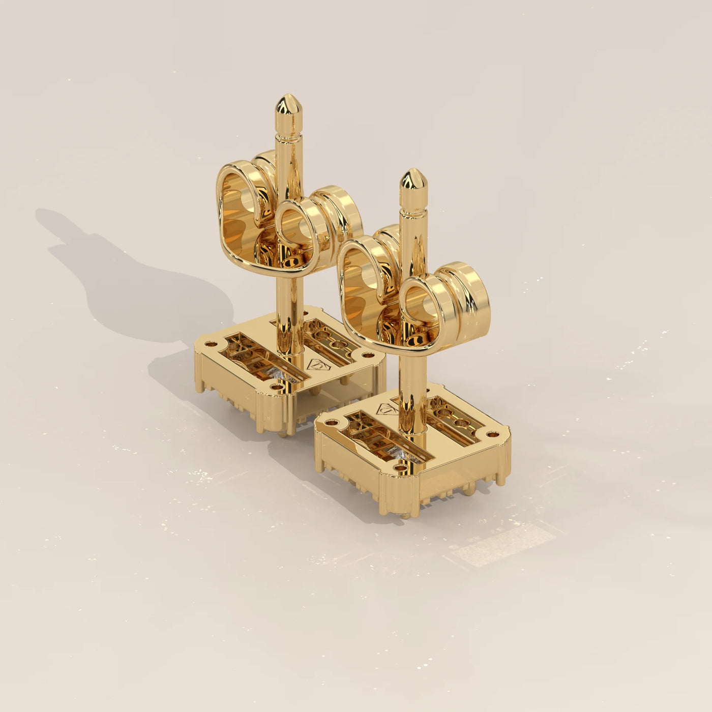 Angle View: Princess Diamond Stud Earrings with Halo Setting in Yellow Gold – Lab Grown – Driona Jewels
