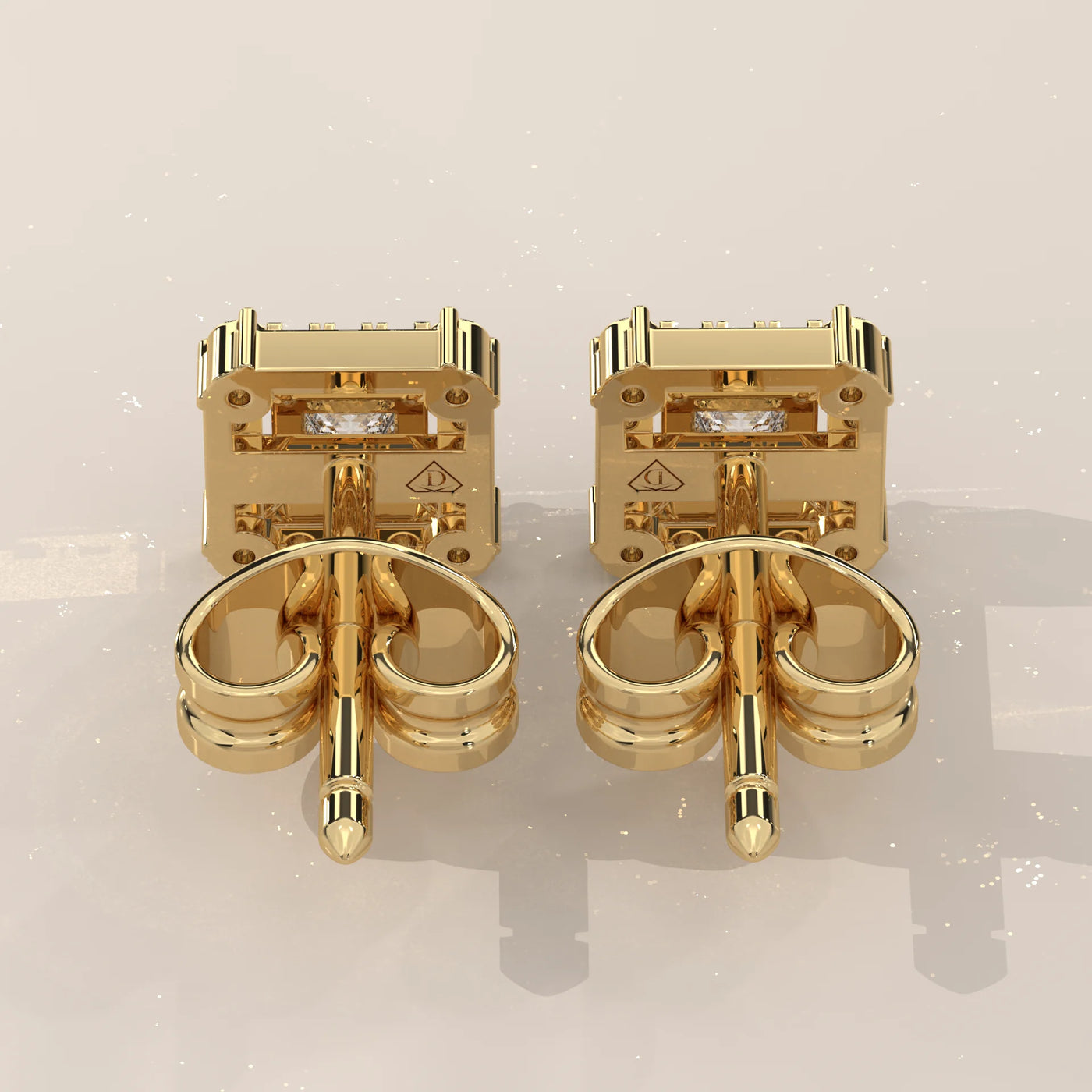Back View: Princess Diamond Stud Earrings with Halo Setting in Yellow Gold – Lab Grown – Driona Jewels