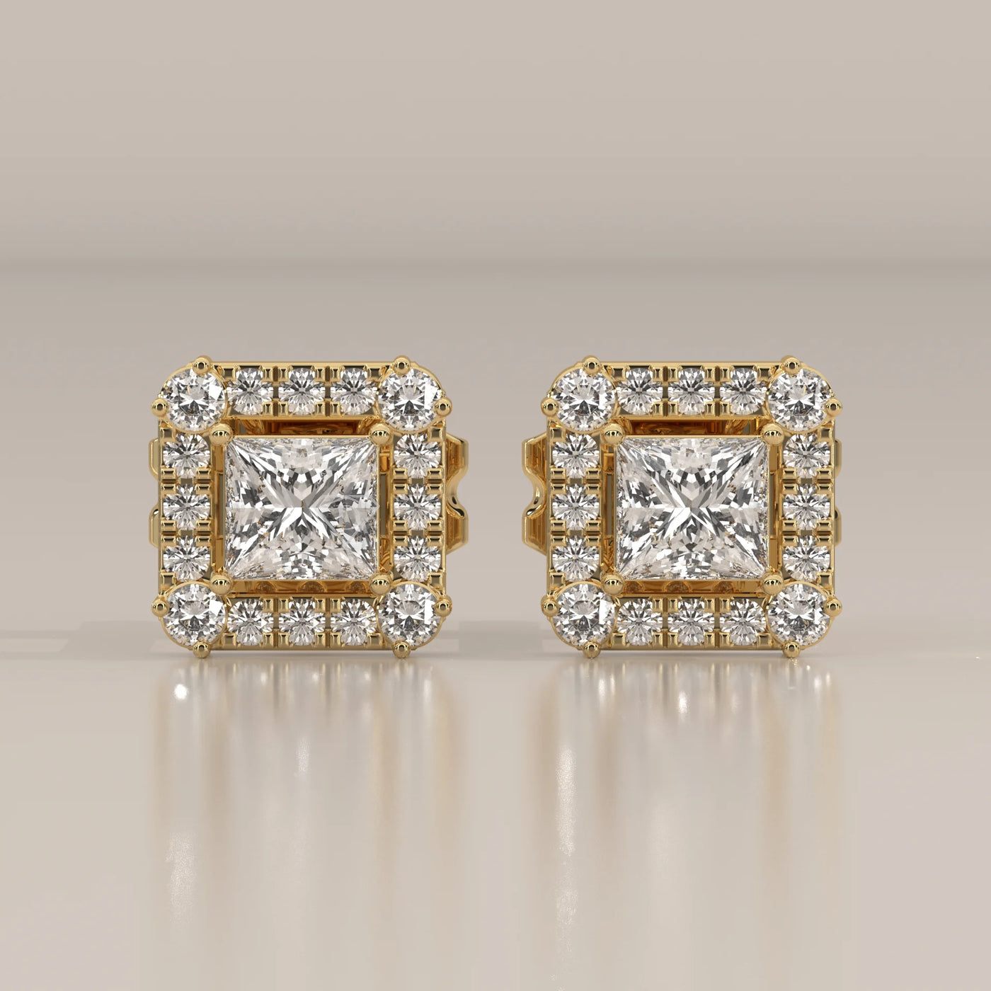 Front View: Princess Diamond Stud Earrings with Halo Setting in Yellow Gold – Lab Grown – Driona Jewels