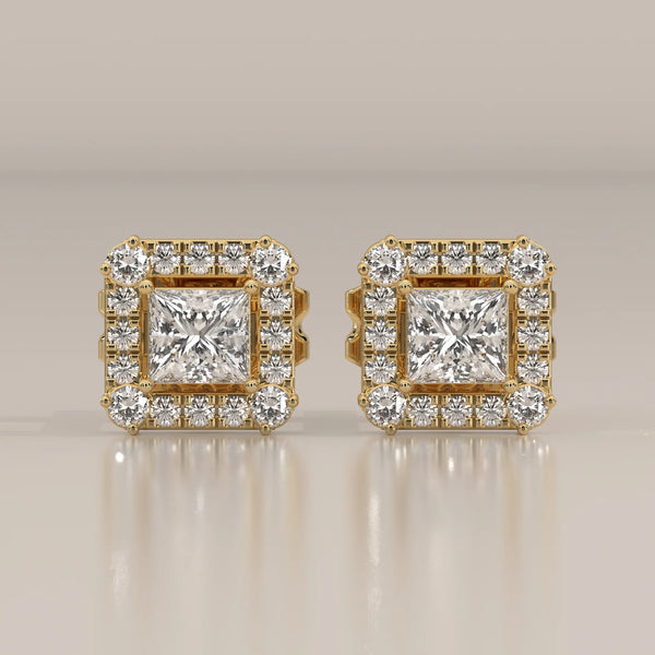 Front View: Princess Diamond Stud Earrings with Halo Setting in Yellow Gold – Lab Grown – Driona Jewels
