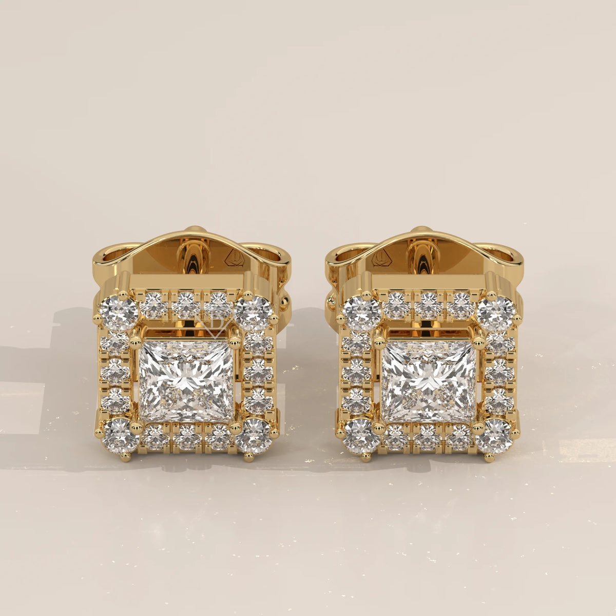 Pair Front View: Princess Diamond Stud Earrings with Halo Setting in Yellow Gold – Lab Grown – Driona Jewels