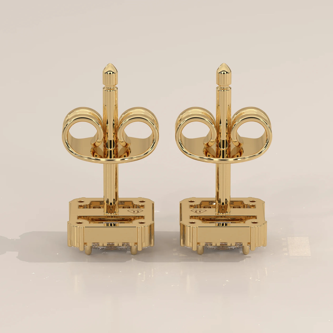 Side Profile: Princess Diamond Stud Earrings with Halo Setting in Yellow Gold – Lab Grown – Driona Jewels