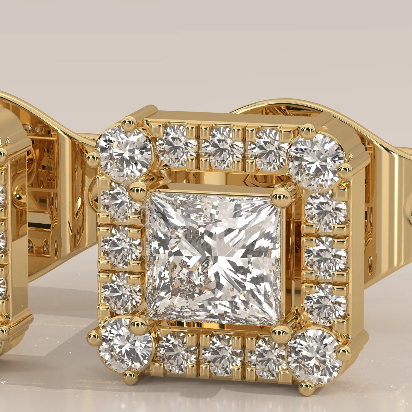 Stone Detail: Princess Lab Grown Diamonds in Halo Setting – Yellow Gold – Driona Jewels