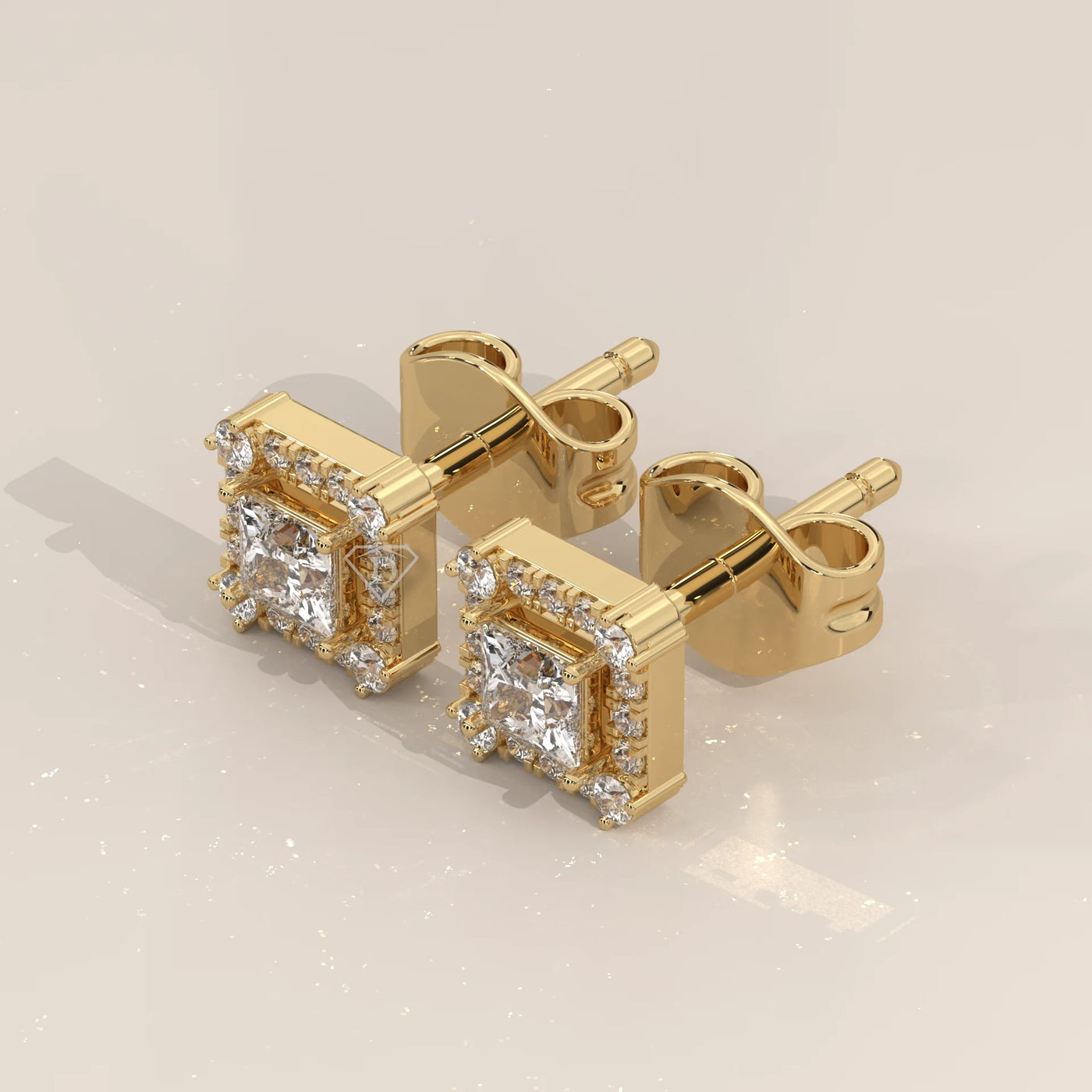 Three-Quarter View: Princess Diamond Stud Earrings with Halo Setting in Yellow Gold – Lab Grown – Driona Jewels