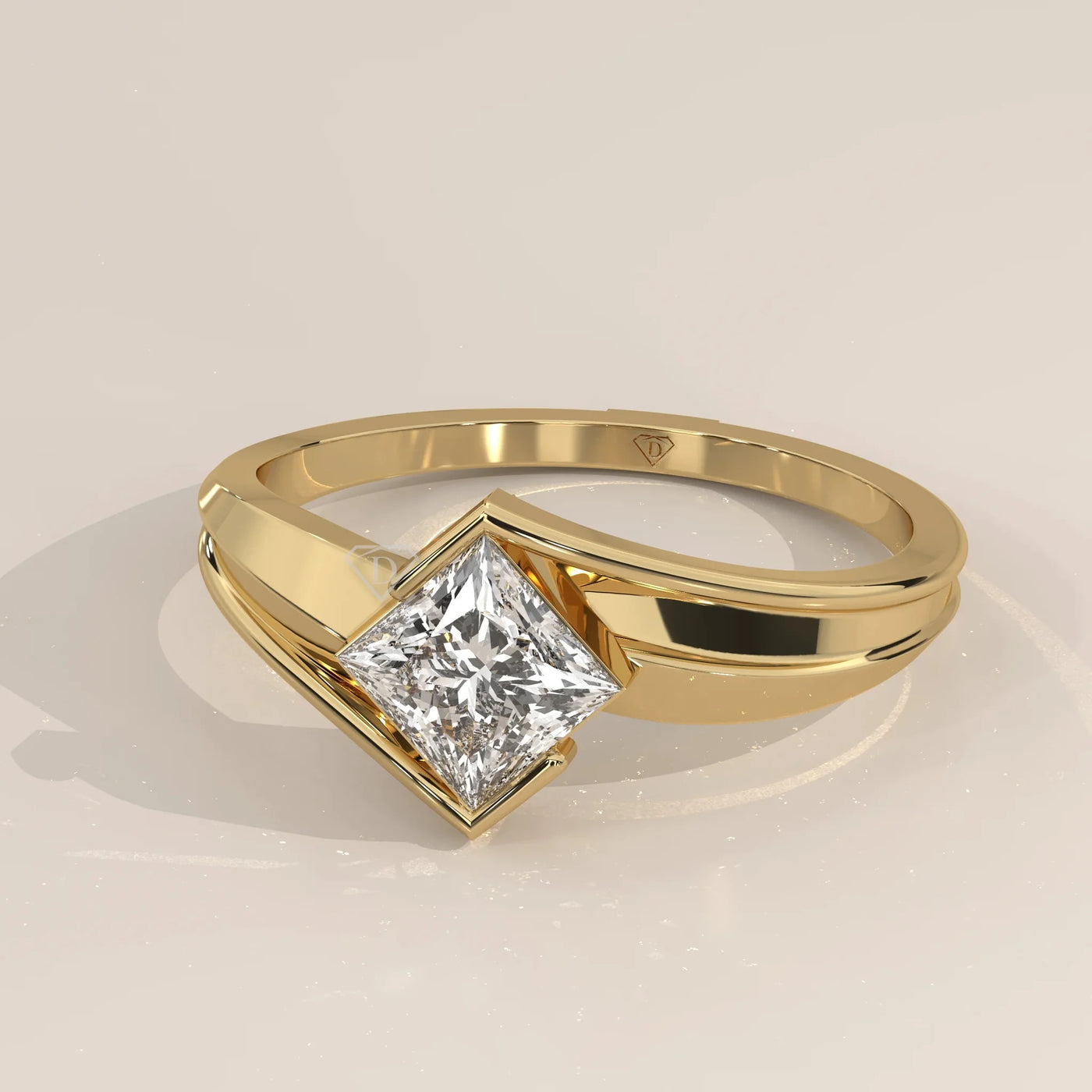 Angle View: Princess Diamond Ring with Bypass Setting in Yellow Gold – Lab Grown – Driona Jewels