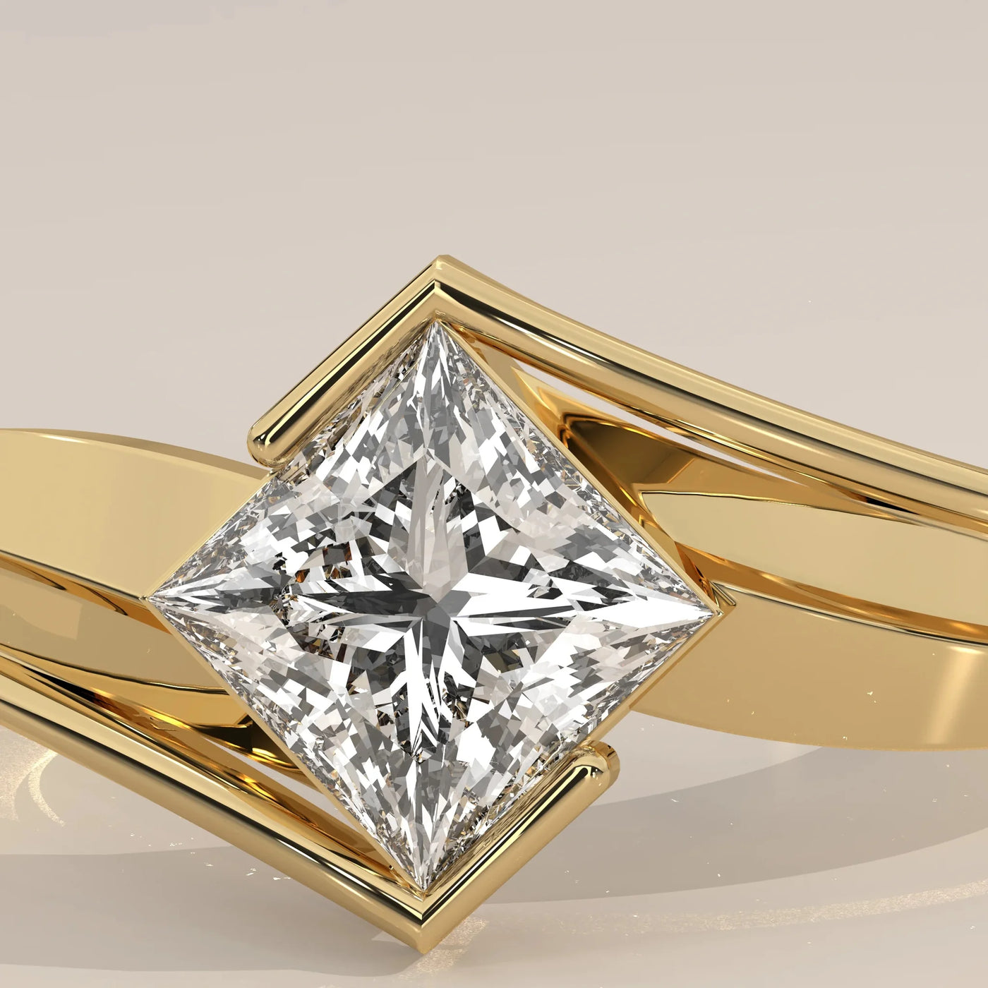 Front View: Princess Diamond Ring with Bypass Setting in Yellow Gold – Lab Grown – Driona Jewels