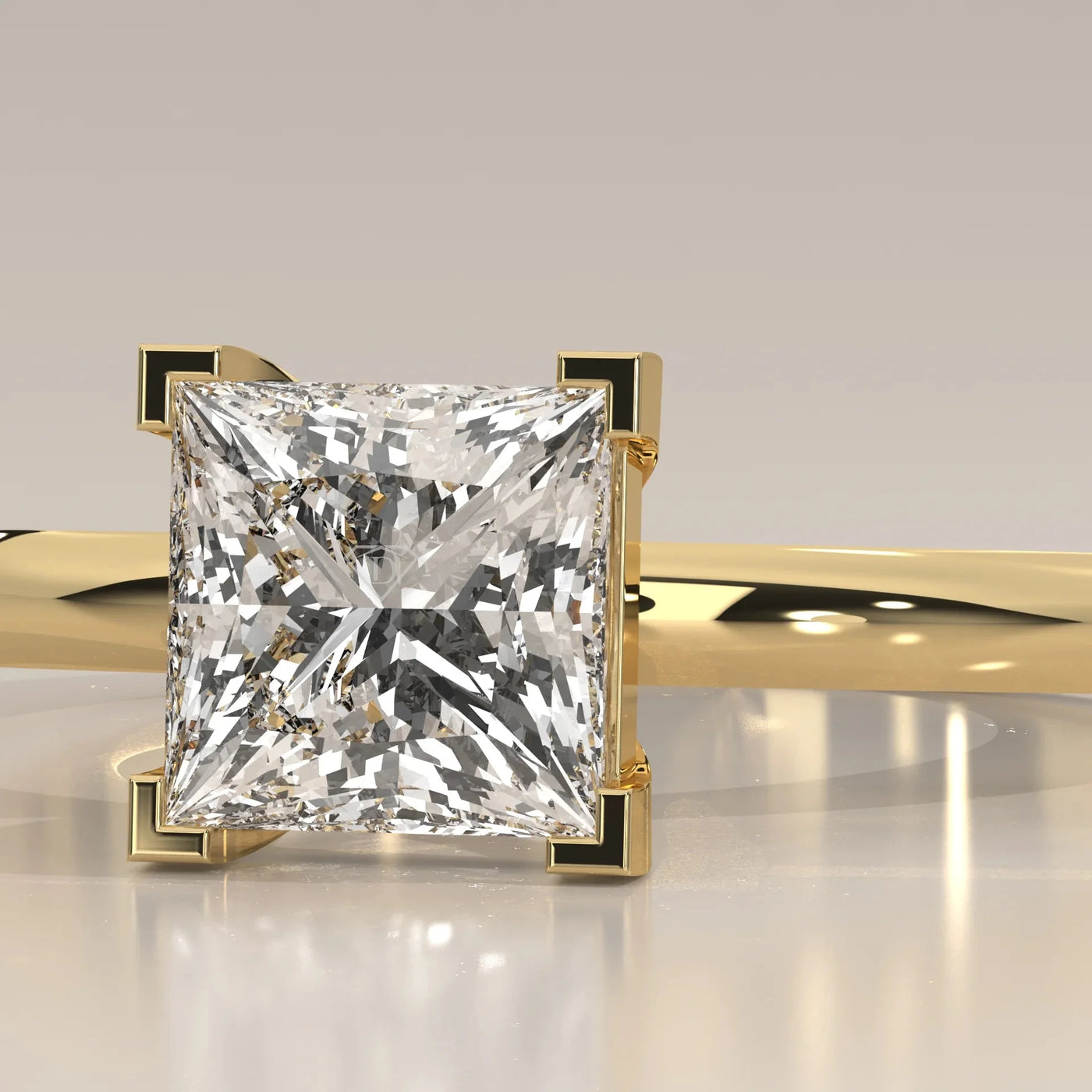 Close-Up: Princess Diamond Ring with Prong Setting in Yellow Gold – Lab Grown – Driona Jewels