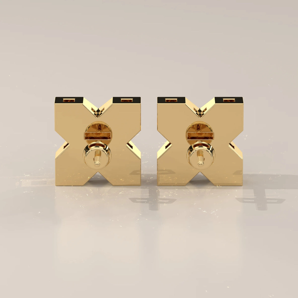 Princess Cut Lab Grown Diamond Studs in a Bold X Frame in yellow gold, shown on a plain background.