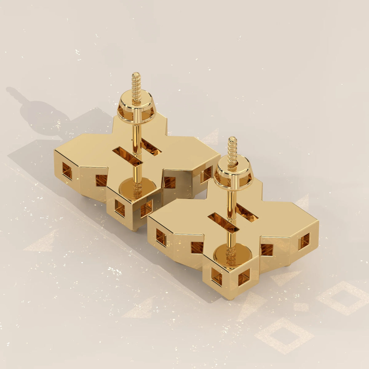 Princess Cut Lab Grown Diamond Studs in a Bold X Frame in yellow gold, front view on a plain background.