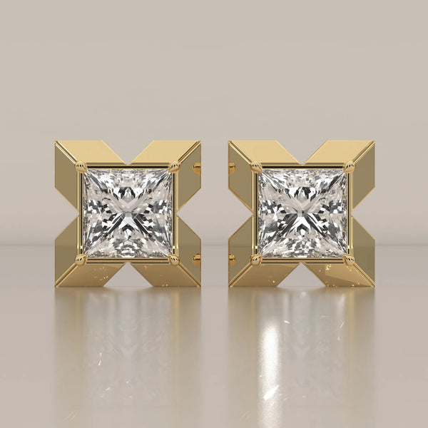 Princess Cut Lab Grown Diamond Studs in a Bold X Frame in yellow gold, shown from the front.