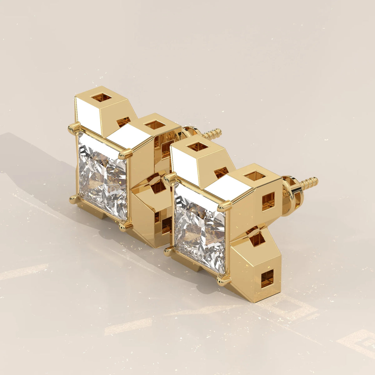 Princess Cut Lab Grown Diamond Studs in a Bold X Frame in yellow gold, shown from the side.